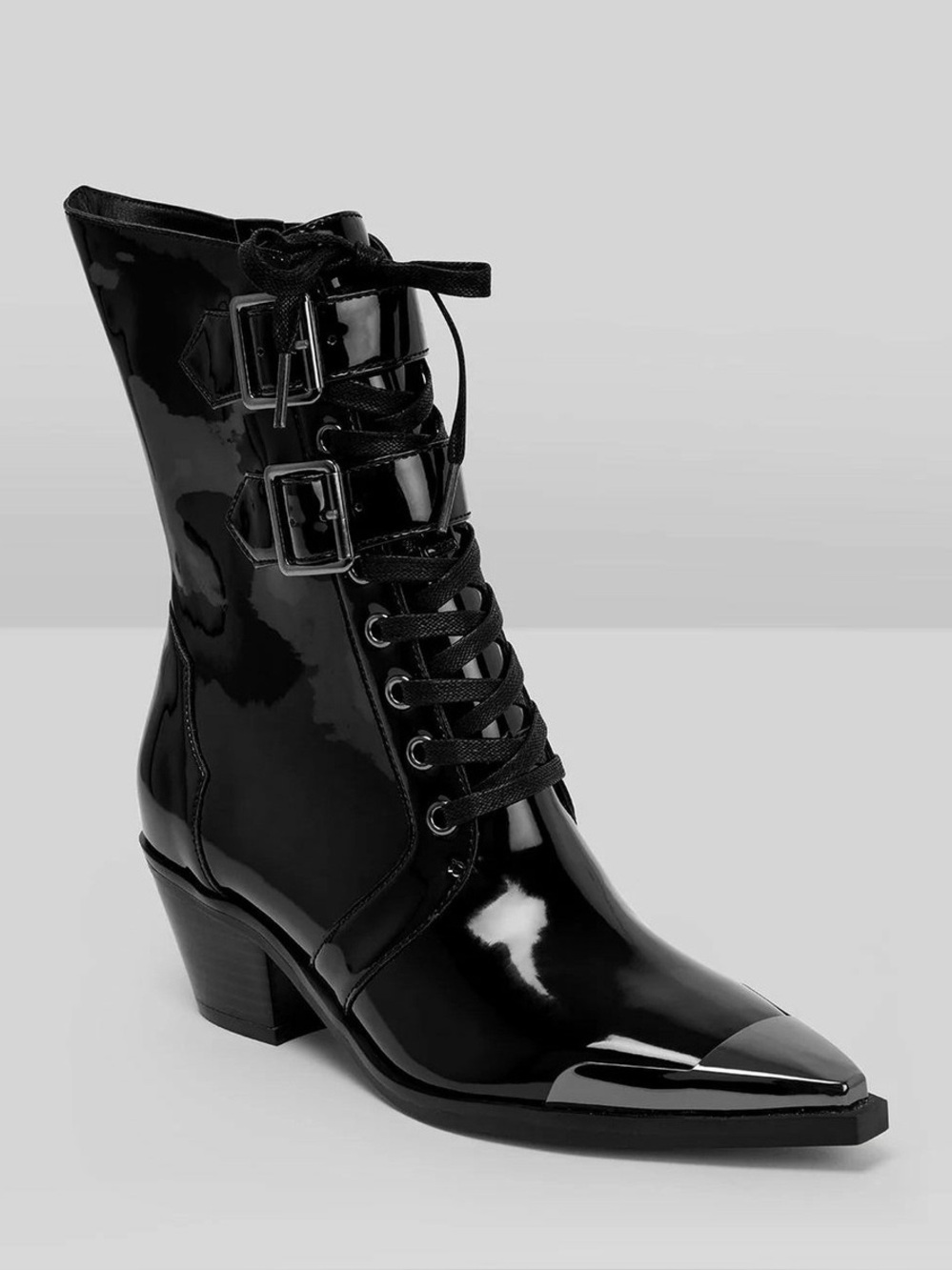 KILLSTAR Dark Sin Boots Womens 8 Black Patent Pointed Toe Buckle Goth Punk New - Picture 2 of 16